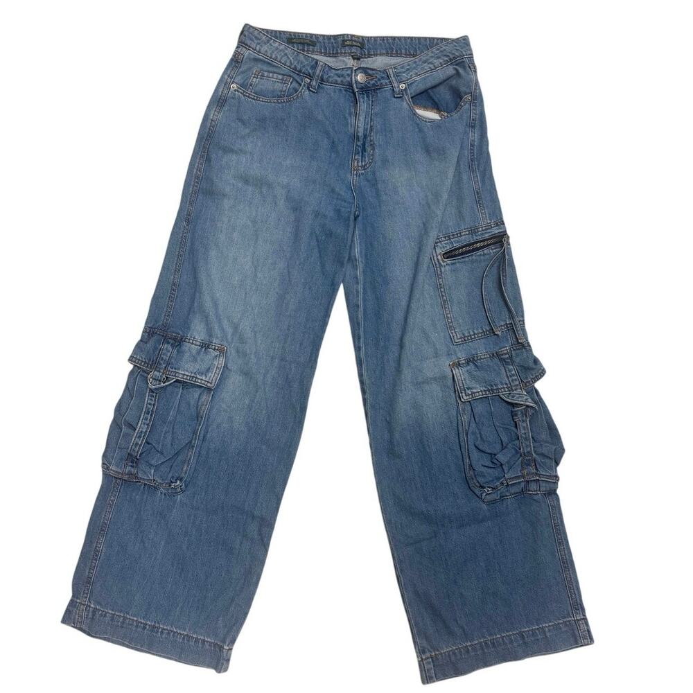 Mid-Rise Denim Cargo Pants 💙 Blue Wide‑Leg Utility Style - Size 8